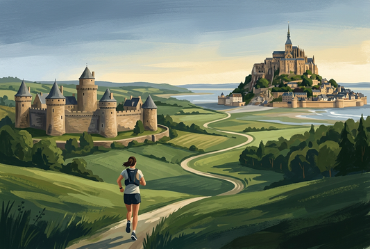 Illustration créée par IA du défi Fougères–Mont-Saint-Michel, sans représentation du parcours officiel.